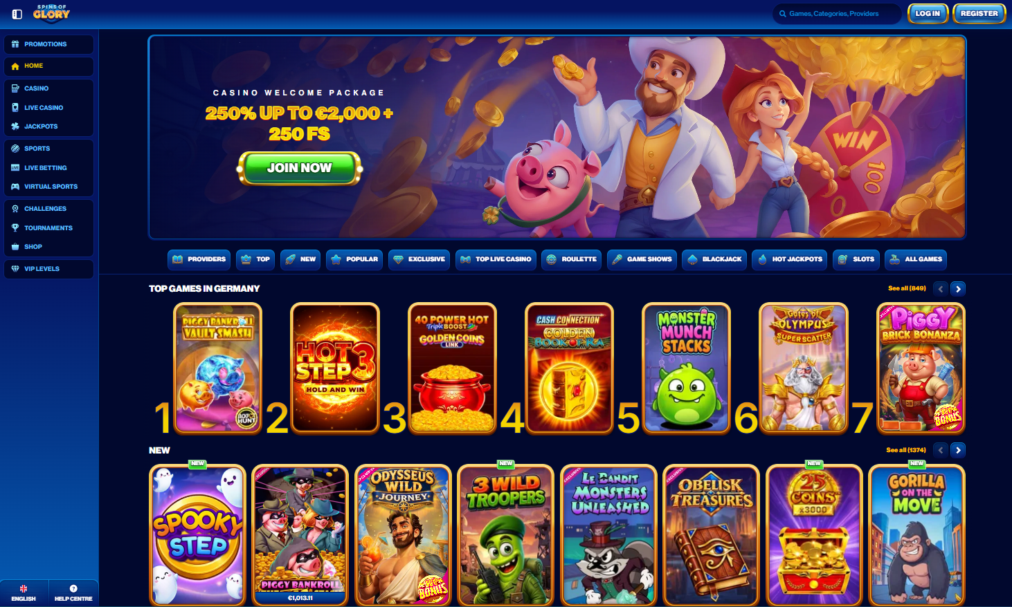 Bereitgestellter Screenshot der Startseite von SpinsofGlory